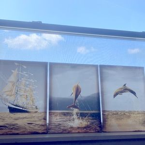 Golden Dolphins and Ship Wall Art